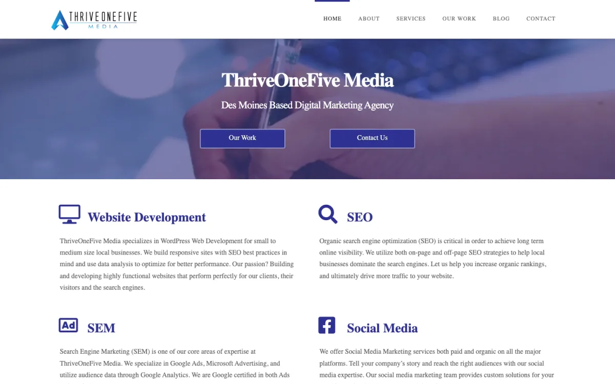 ThriveOneFive Media homepage, captured September 28, 2026